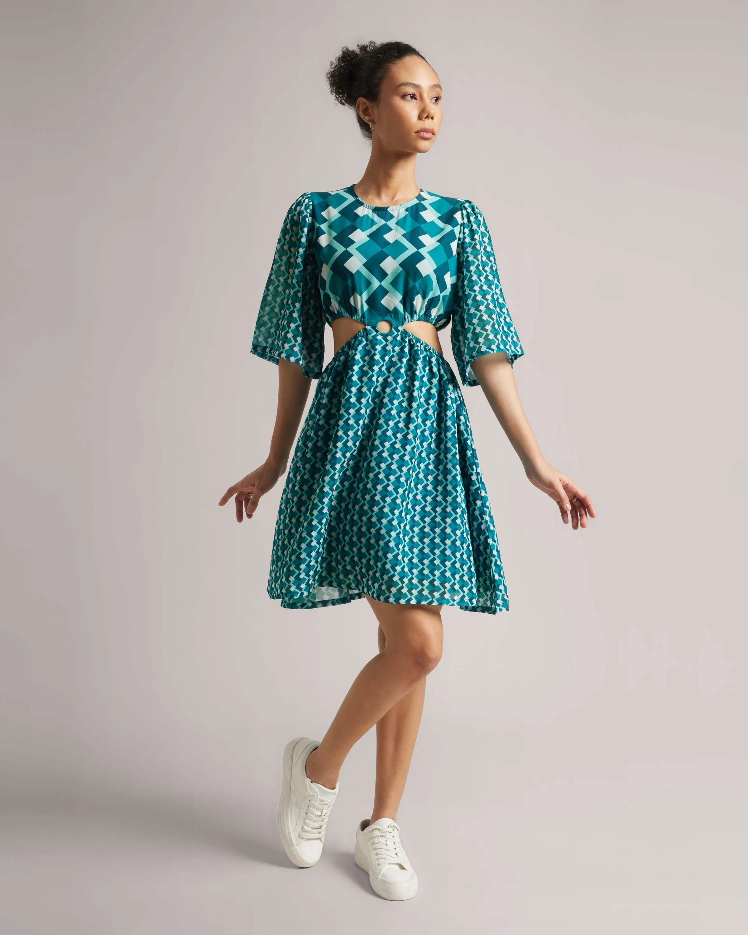 Teal Blue Georgette Geometric Print Cut-Out Midi Dress