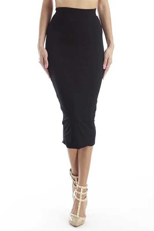 THE MYSTYLEMODE BLACK DOUBLE LINED STRETCH HIGH WAISTED MIDI SKIRT