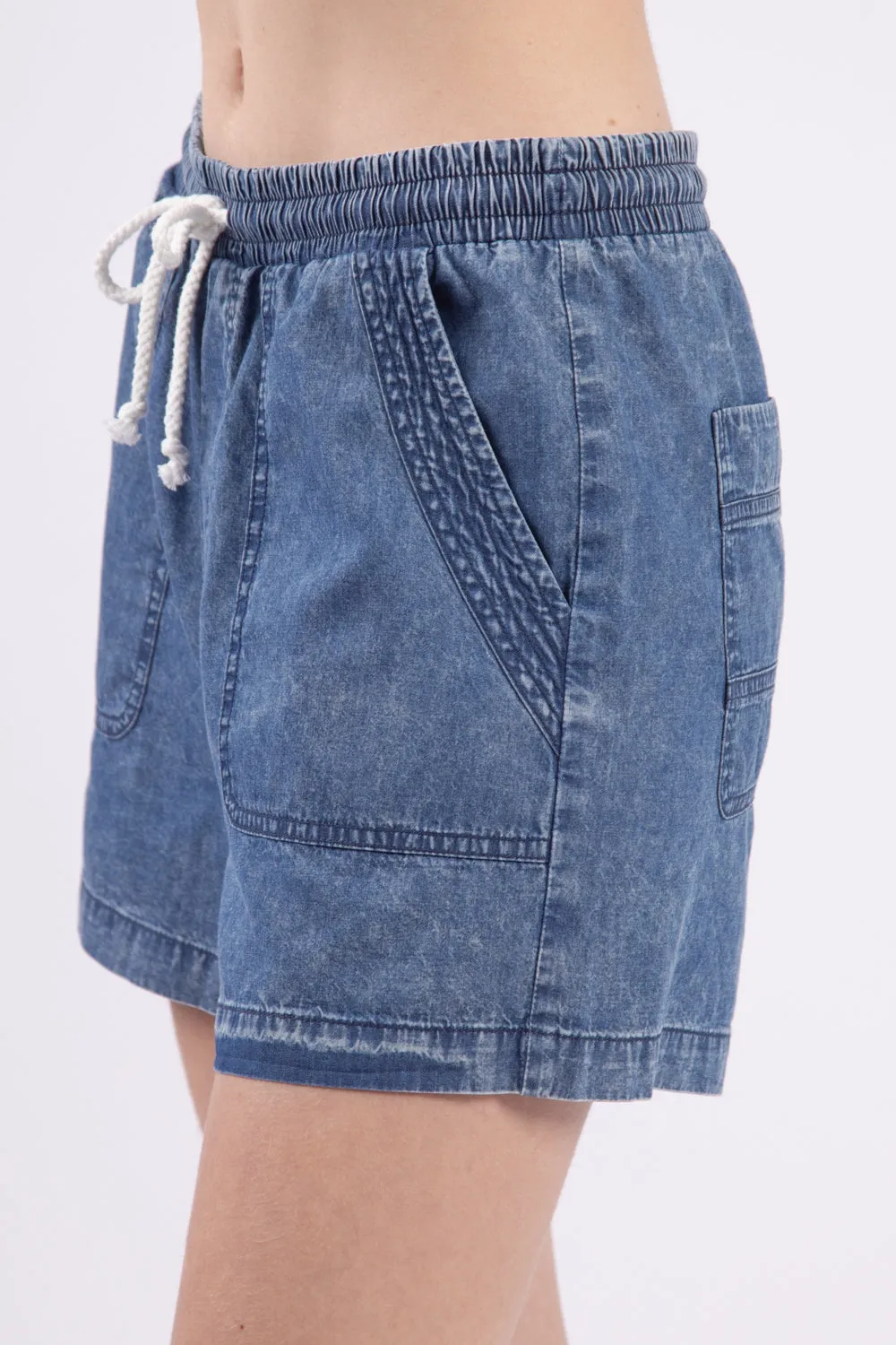 Washed Chambray Drawstring Denim Shorts