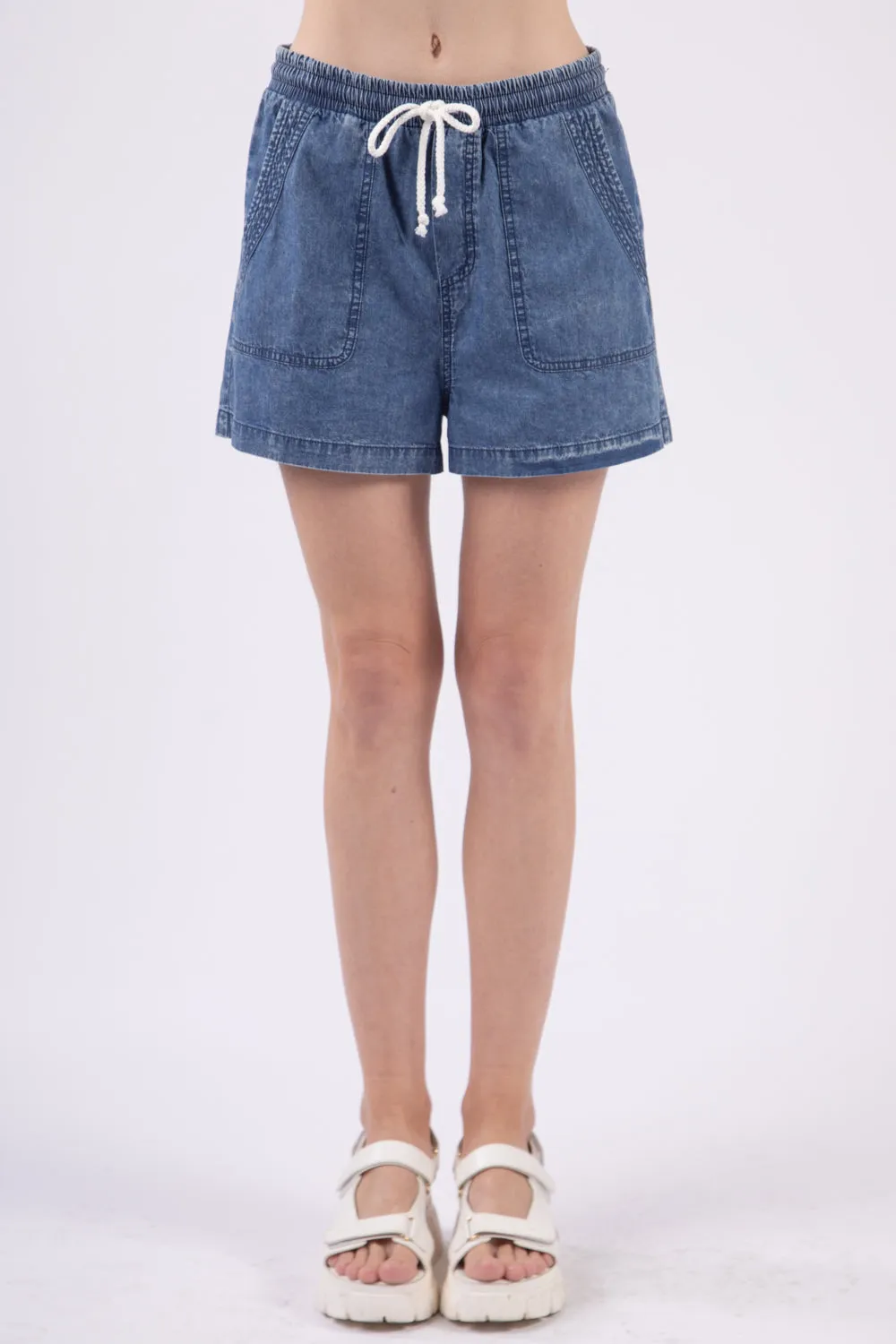 Washed Chambray Drawstring Denim Shorts