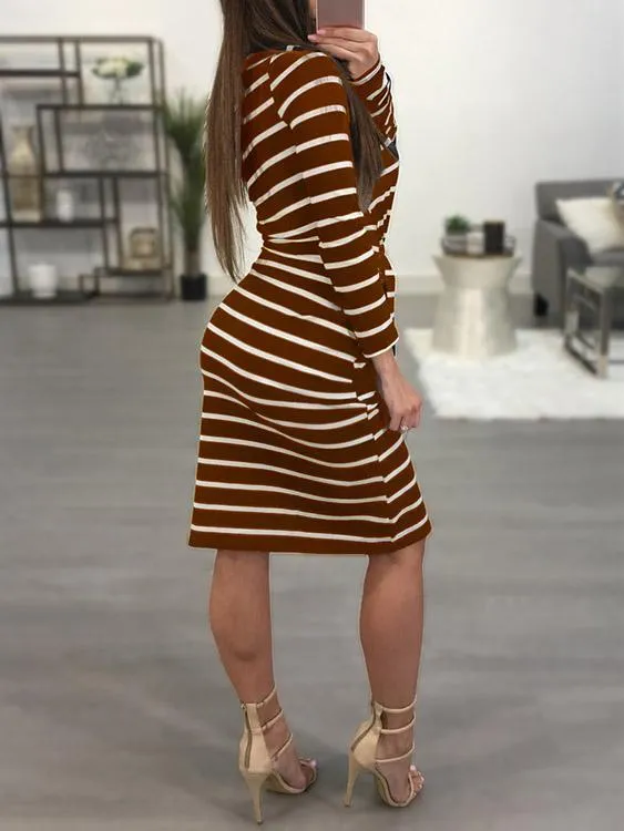 Wholesale Asymmetrical One Shoulder Long Sleeve Stripe Midi Dress