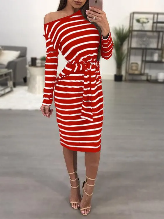 Wholesale Asymmetrical One Shoulder Long Sleeve Stripe Midi Dress