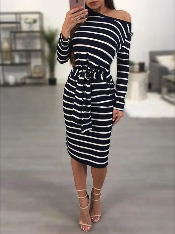 Wholesale Asymmetrical One Shoulder Long Sleeve Stripe Midi Dress