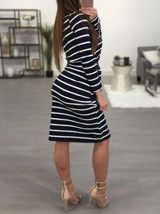 Wholesale Asymmetrical One Shoulder Long Sleeve Stripe Midi Dress