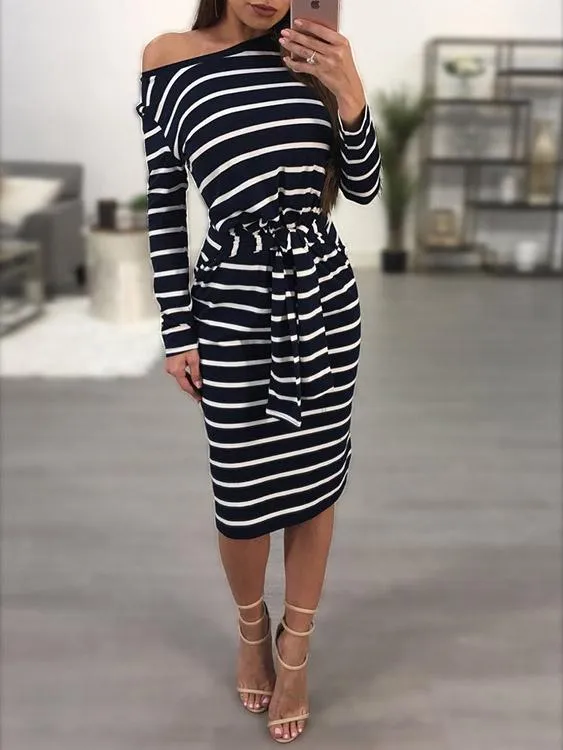 Wholesale Asymmetrical One Shoulder Long Sleeve Stripe Midi Dress