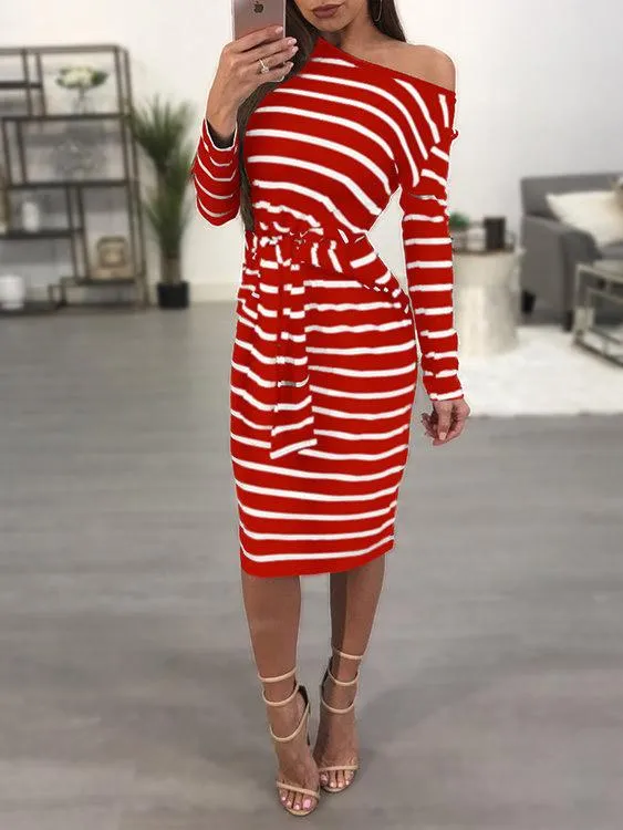 Wholesale Asymmetrical One Shoulder Long Sleeve Stripe Midi Dress