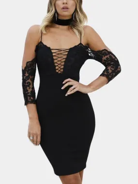 Wholesale Black 3/4 Length Sleeve Crochet Lace Embellished Spaghetti Strap Midi Dress