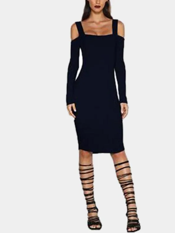 Wholesale Black Bateau Long Sleeve Plain Backless Cut Out Midi Dress