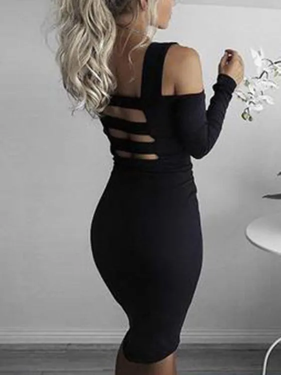 Wholesale Black Bateau Long Sleeve Plain Backless Cut Out Midi Dress