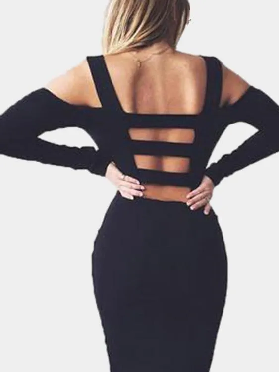 Wholesale Black Bateau Long Sleeve Plain Backless Cut Out Midi Dress