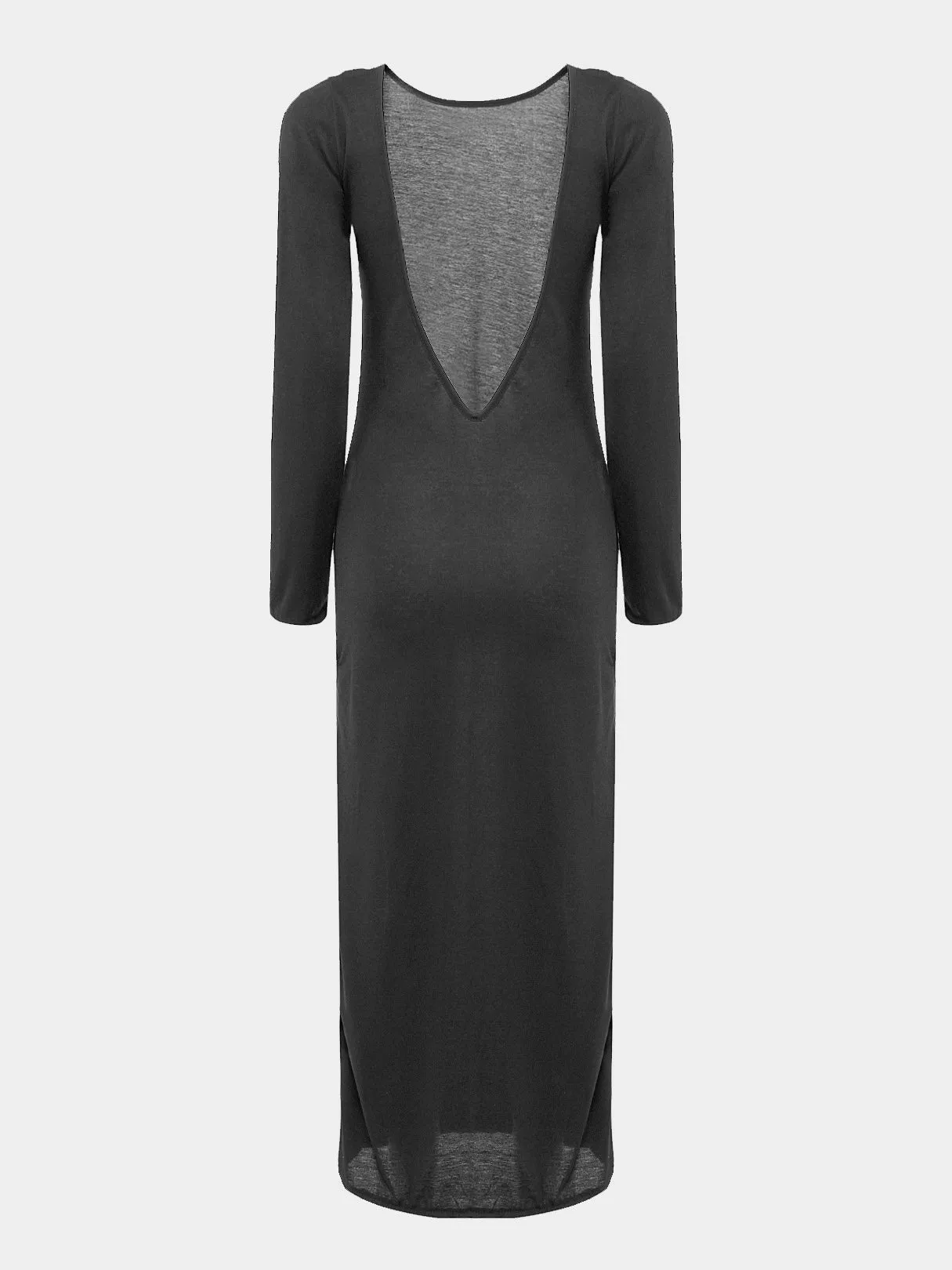 Wholesale Black Round Neck Long Sleeve Plain Backless Slit Hem Midi Dress