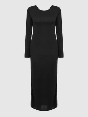 Wholesale Black Round Neck Long Sleeve Plain Backless Slit Hem Midi Dress