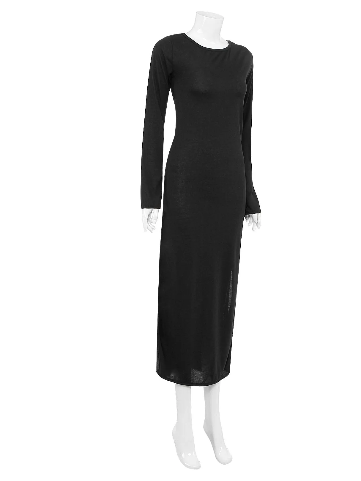 Wholesale Black Round Neck Long Sleeve Plain Backless Slit Hem Midi Dress