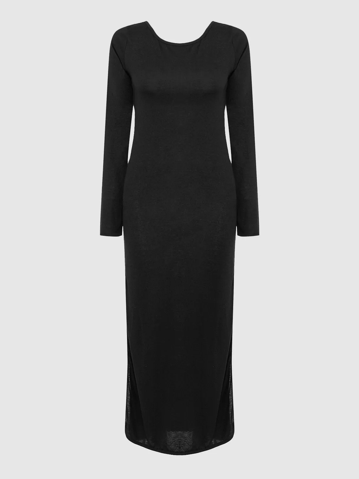 Wholesale Black Round Neck Long Sleeve Plain Backless Slit Hem Midi Dress