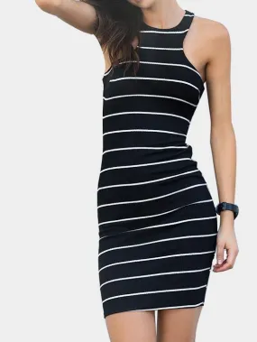 Wholesale Black Round Neck Sleeveless Stripe Zip Back Midi Dress