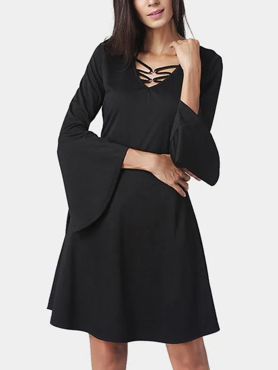 Wholesale Black V-Neck Long Sleeve Plain Lace-Up Midi Dress