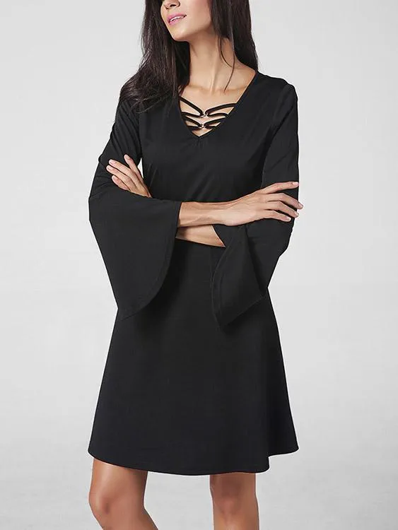 Wholesale Black V-Neck Long Sleeve Plain Lace-Up Midi Dress