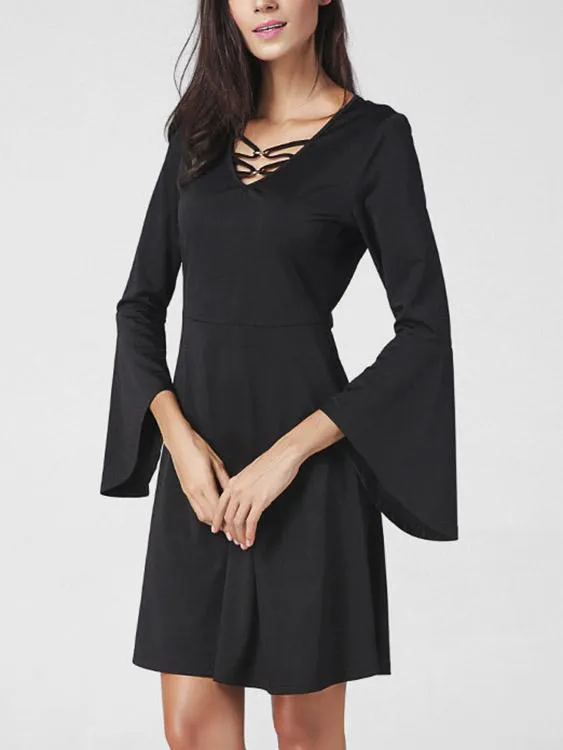 Wholesale Black V-Neck Long Sleeve Plain Lace-Up Midi Dress