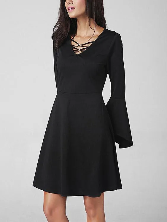 Wholesale Black V-Neck Long Sleeve Plain Lace-Up Midi Dress