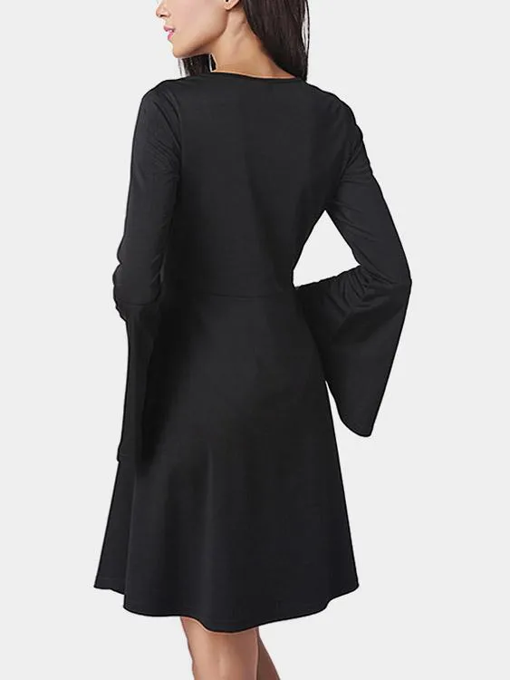 Wholesale Black V-Neck Long Sleeve Plain Lace-Up Midi Dress