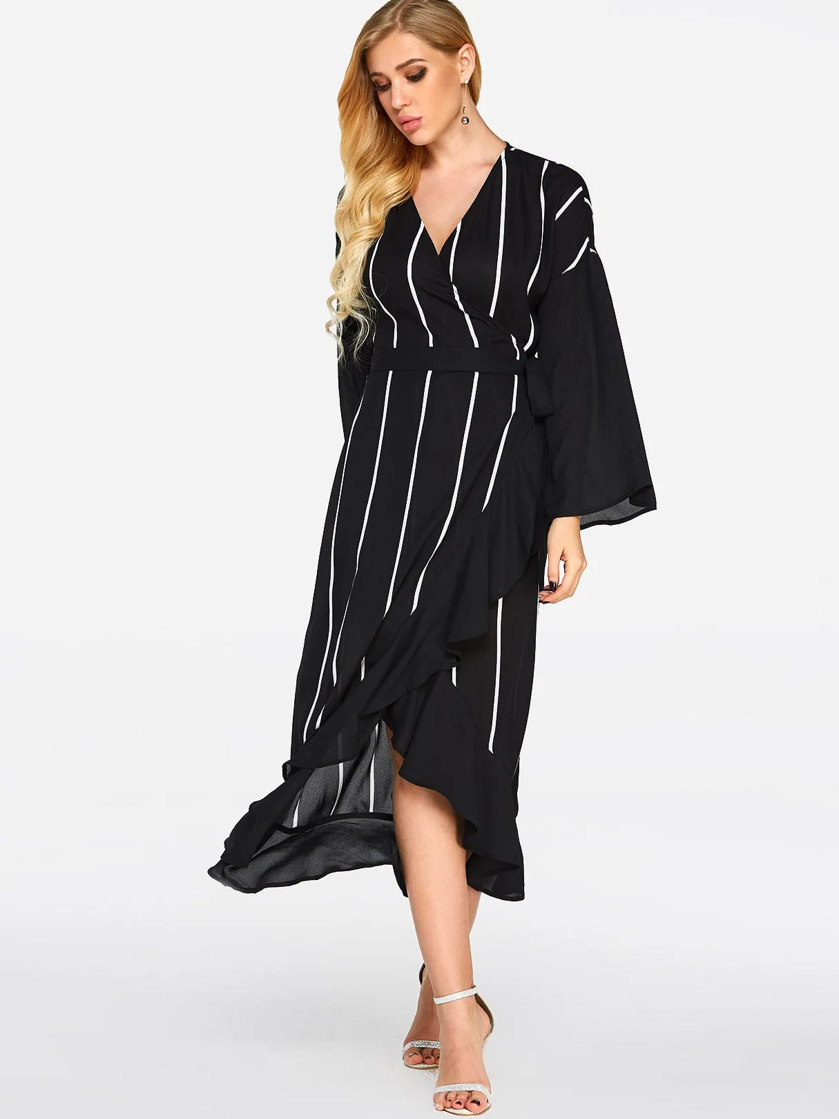 Wholesale Black V-Neck Long Sleeve Stripe Self-Tie Wrap Slit Flounced Hem Maxi Dresses