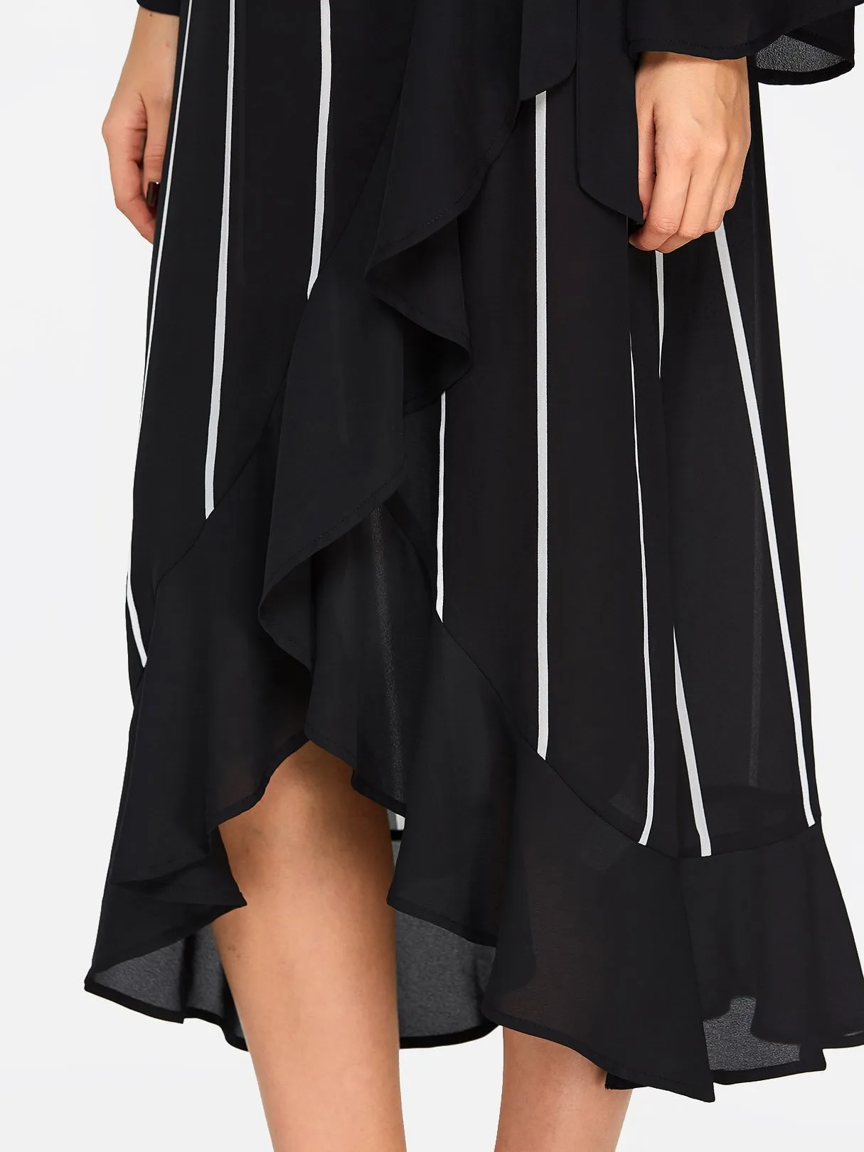 Wholesale Black V-Neck Long Sleeve Stripe Self-Tie Wrap Slit Flounced Hem Maxi Dresses