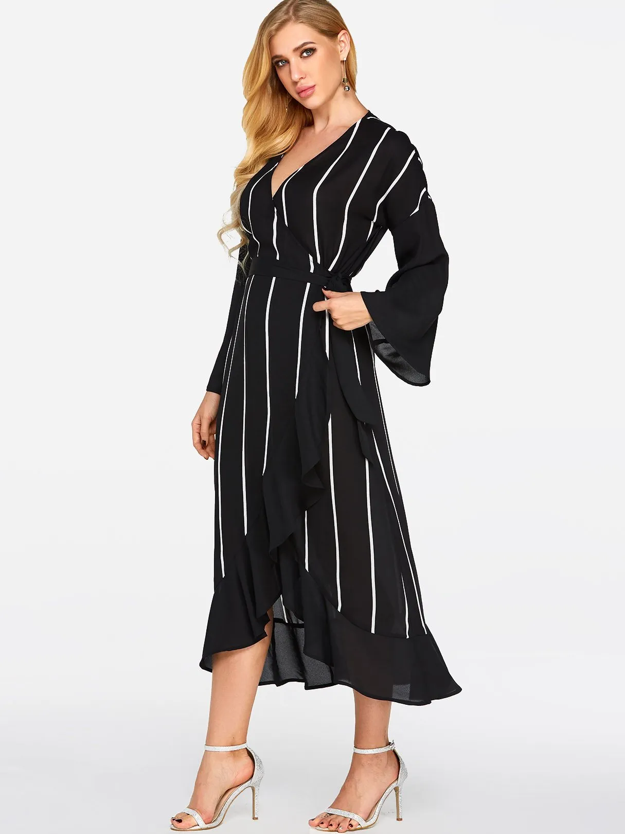 Wholesale Black V-Neck Long Sleeve Stripe Self-Tie Wrap Slit Flounced Hem Maxi Dresses