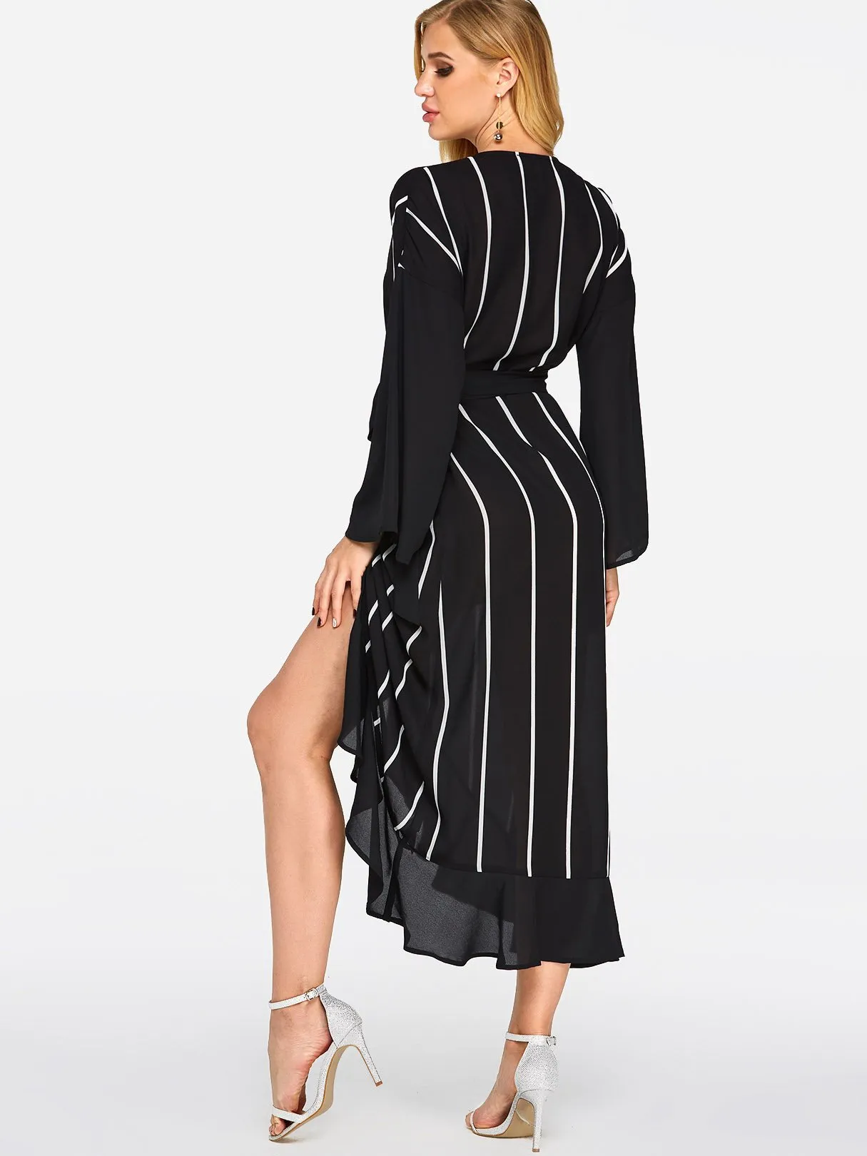 Wholesale Black V-Neck Long Sleeve Stripe Self-Tie Wrap Slit Flounced Hem Maxi Dresses