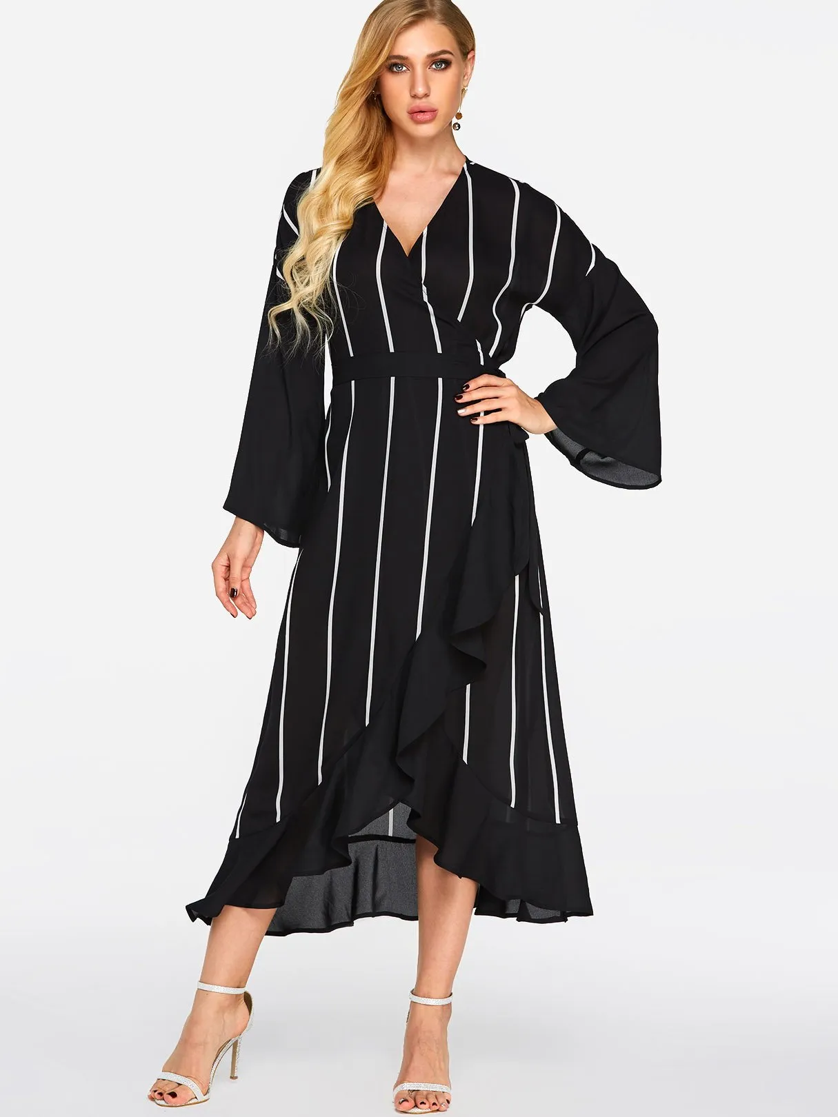 Wholesale Black V-Neck Long Sleeve Stripe Self-Tie Wrap Slit Flounced Hem Maxi Dresses