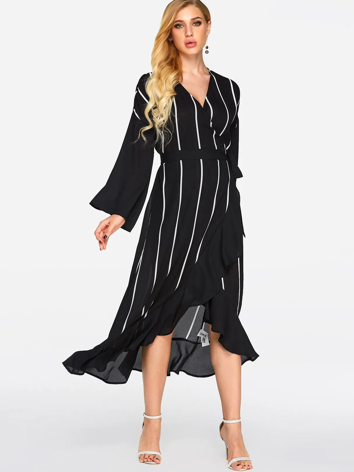 Wholesale Black V-Neck Long Sleeve Stripe Self-Tie Wrap Slit Flounced Hem Maxi Dresses