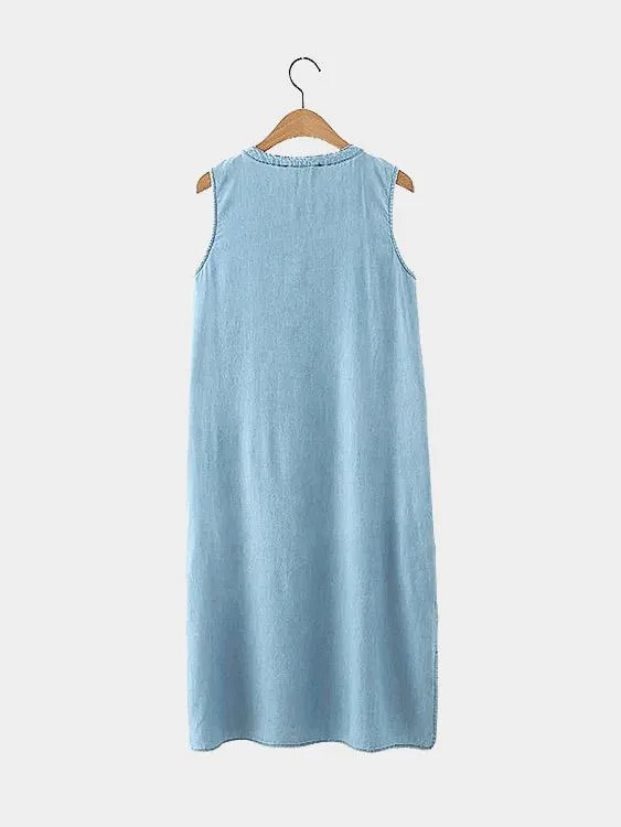 Wholesale Blue Crew Neck Sleeveless Slit Hem Midi Dress