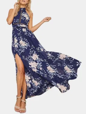 Wholesale Blue Halter Sleeveless Floral Print Backless Cut Out Slit Hem Maxi Dress