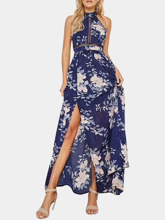 Wholesale Blue Halter Sleeveless Floral Print Backless Cut Out Slit Hem Maxi Dress