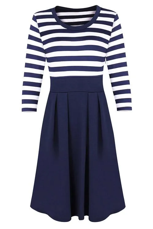 Wholesale Blue Round Neck 3/4 Length Sleeve Stripe Midi Dress