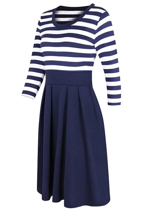 Wholesale Blue Round Neck 3/4 Length Sleeve Stripe Midi Dress