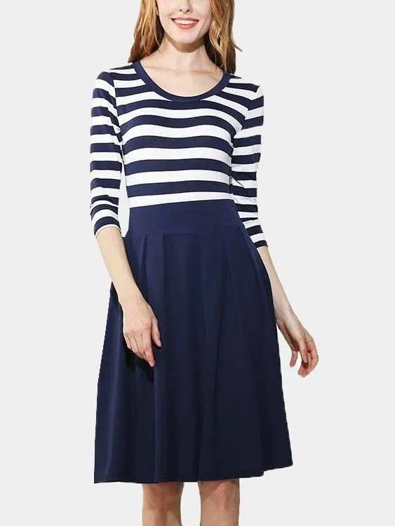 Wholesale Blue Round Neck 3/4 Length Sleeve Stripe Midi Dress