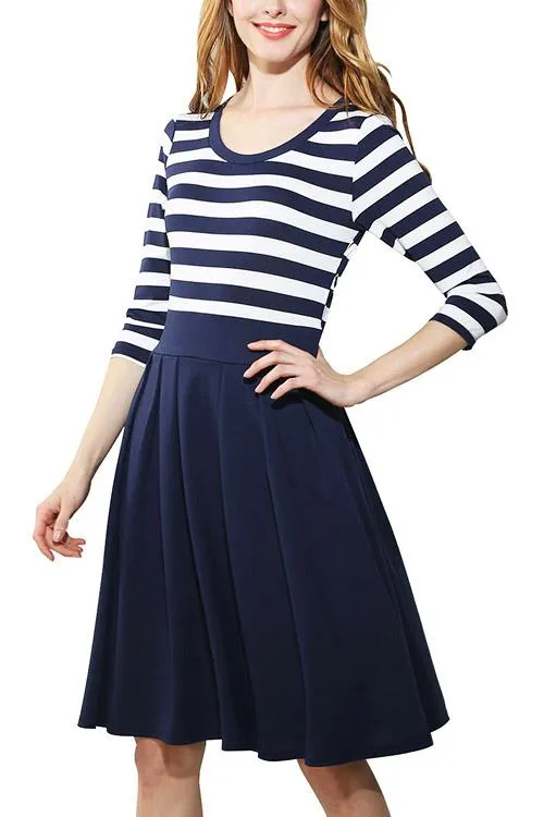 Wholesale Blue Round Neck 3/4 Length Sleeve Stripe Midi Dress