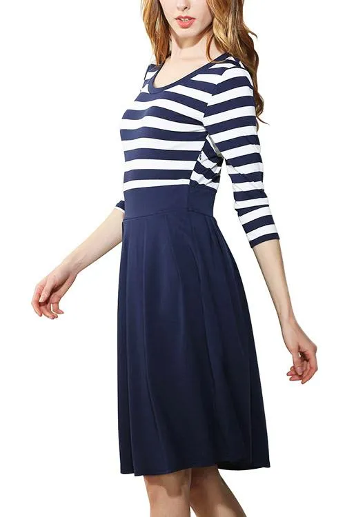 Wholesale Blue Round Neck 3/4 Length Sleeve Stripe Midi Dress