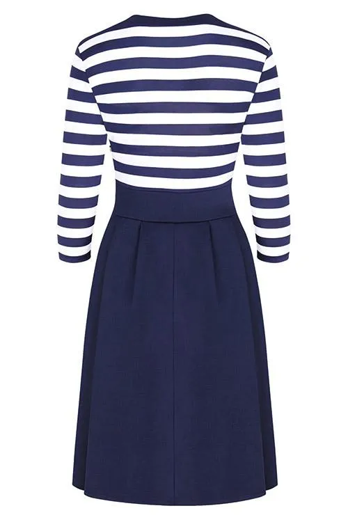 Wholesale Blue Round Neck 3/4 Length Sleeve Stripe Midi Dress