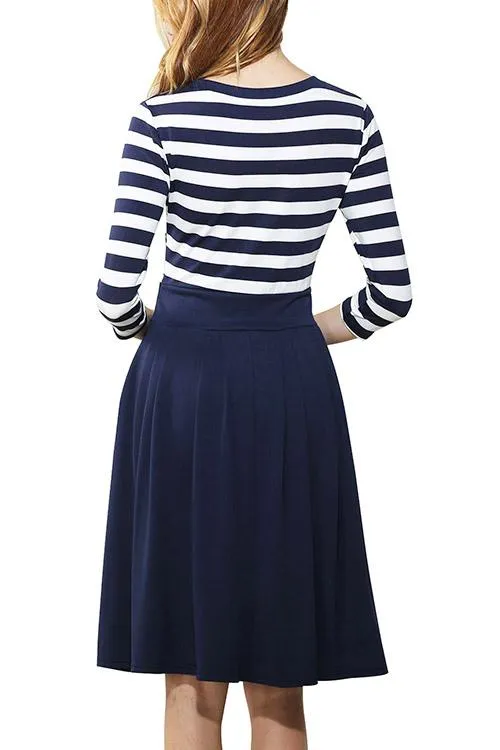 Wholesale Blue Round Neck 3/4 Length Sleeve Stripe Midi Dress