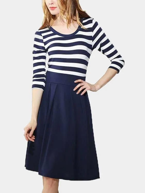 Wholesale Blue Round Neck 3/4 Length Sleeve Stripe Midi Dress