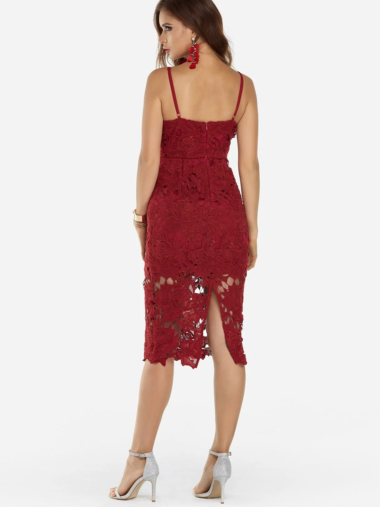 Wholesale Burgundy V-Neck Sleeveless Lace Backless Slit Spaghetti Strap Midi Dress