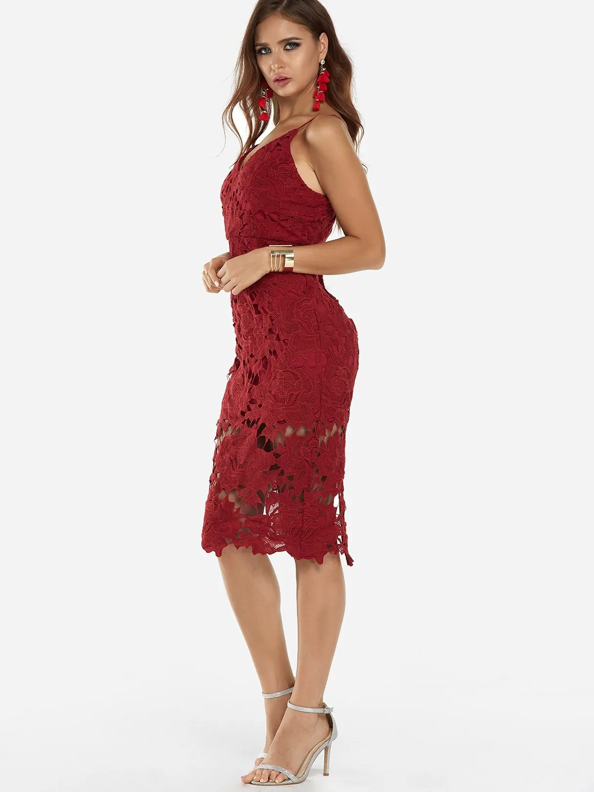 Wholesale Burgundy V-Neck Sleeveless Lace Backless Slit Spaghetti Strap Midi Dress