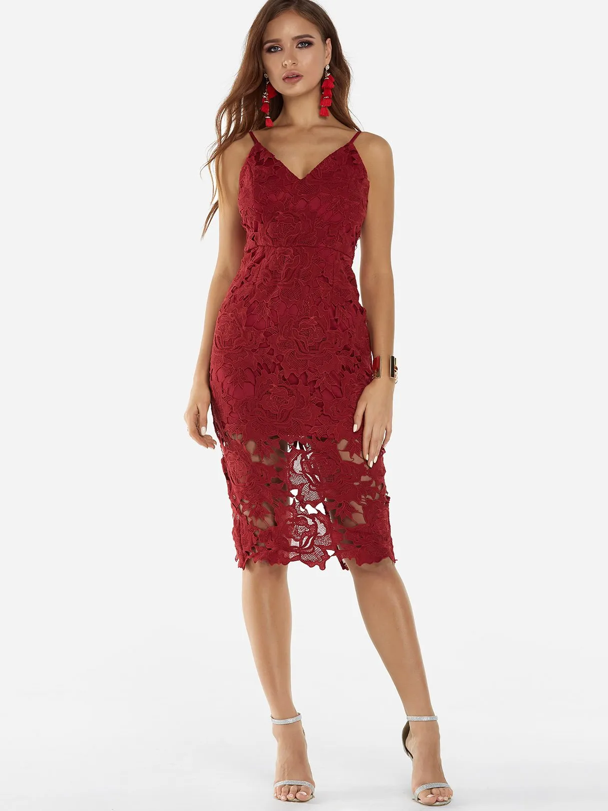 Wholesale Burgundy V-Neck Sleeveless Lace Backless Slit Spaghetti Strap Midi Dress