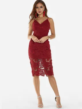 Wholesale Burgundy V-Neck Sleeveless Lace Backless Slit Spaghetti Strap Midi Dress