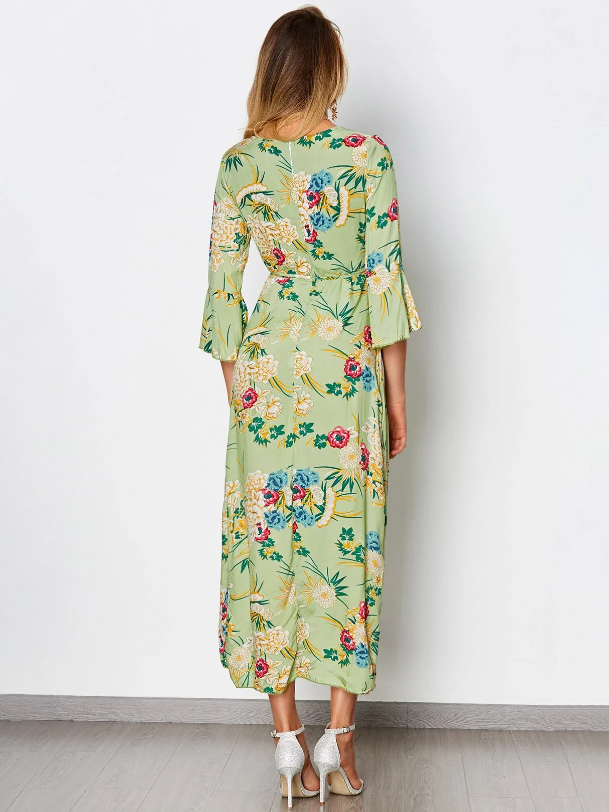 Wholesale Green Deep V-Neck Half Sleeve Floral Print Crossed Front Lace-Up Flounced Hem Maxi Dress