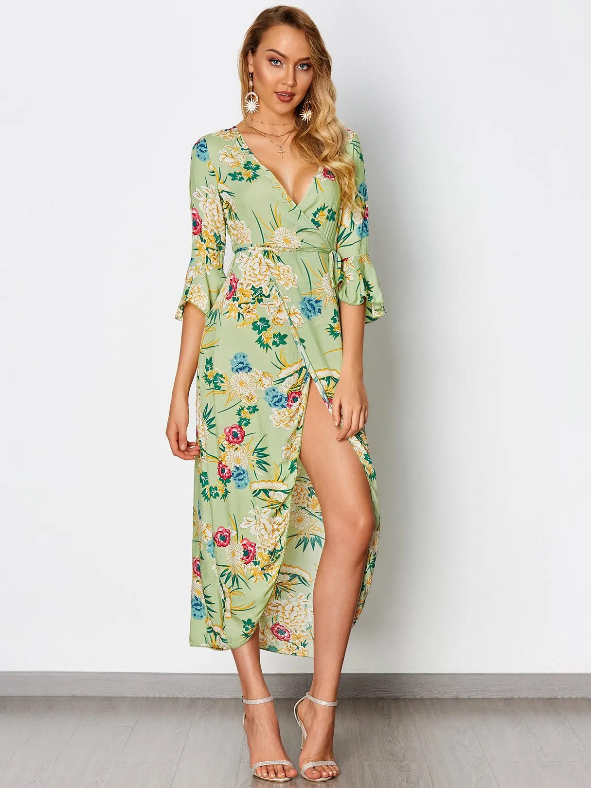 Wholesale Green Deep V-Neck Half Sleeve Floral Print Crossed Front Lace-Up Flounced Hem Maxi Dress