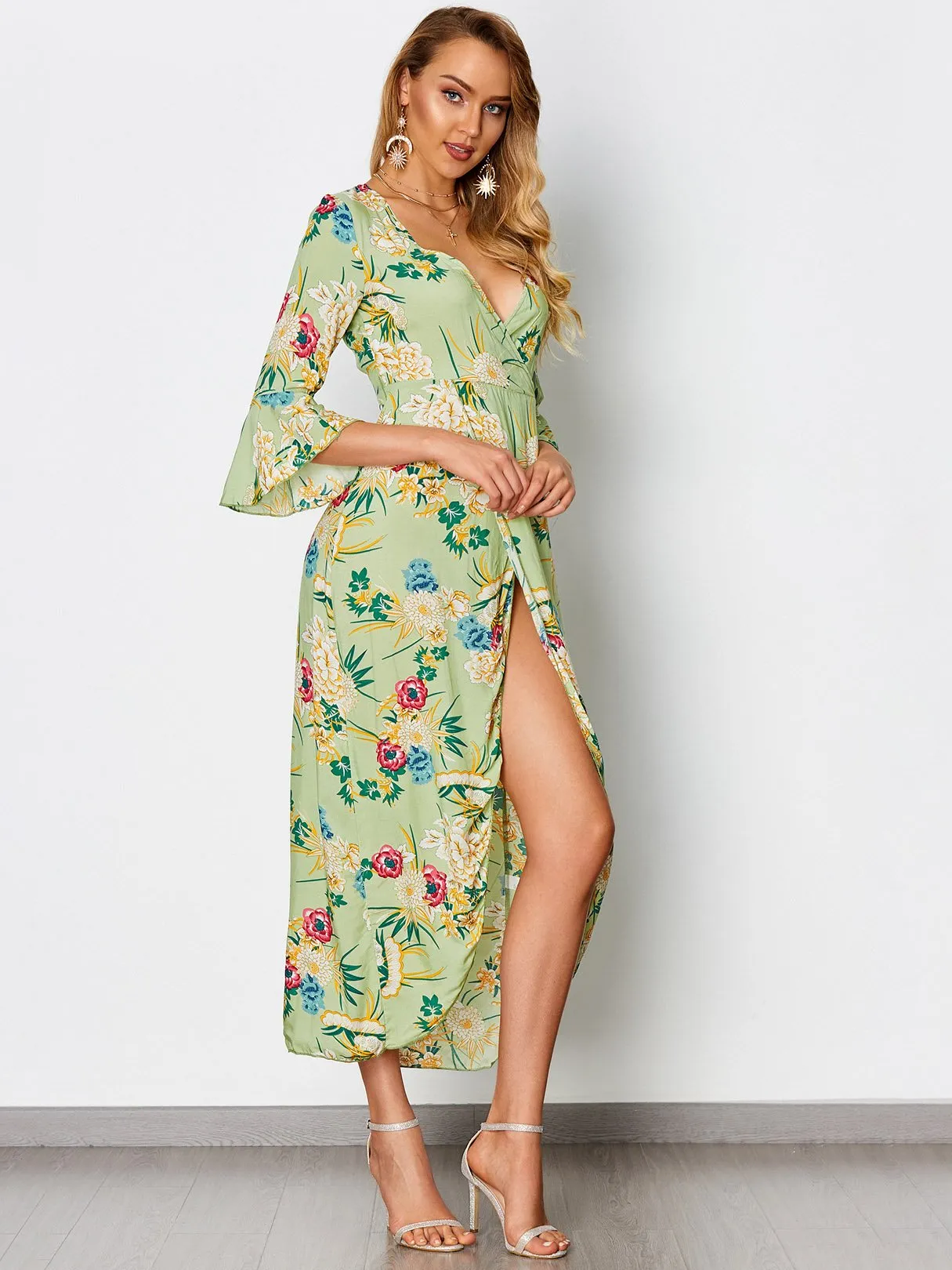 Wholesale Green Deep V-Neck Half Sleeve Floral Print Crossed Front Lace-Up Flounced Hem Maxi Dress