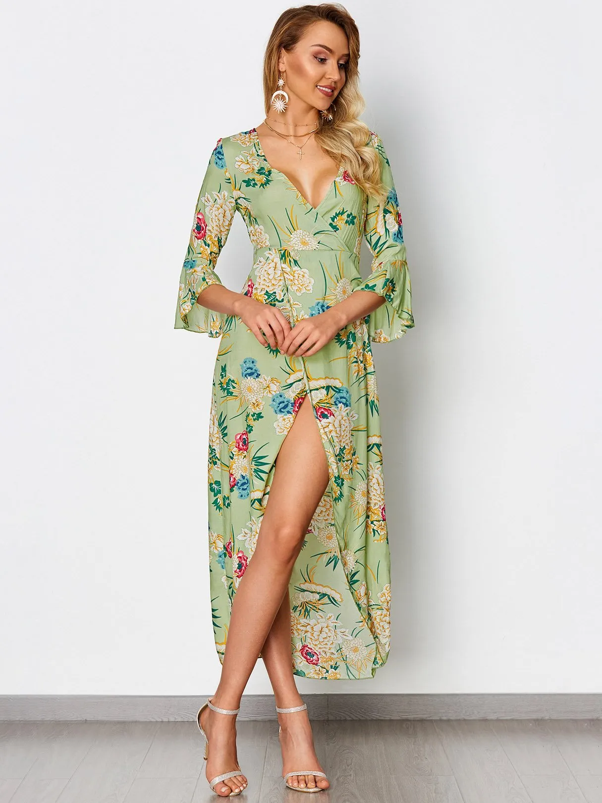 Wholesale Green Deep V-Neck Half Sleeve Floral Print Crossed Front Lace-Up Flounced Hem Maxi Dress