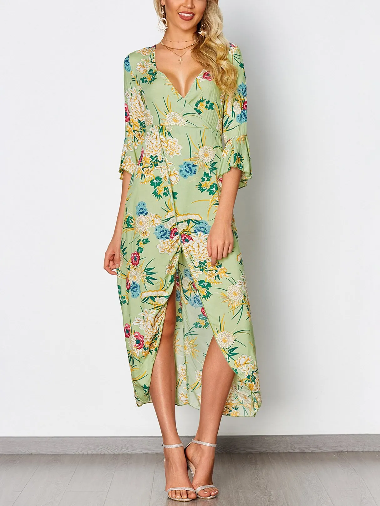 Wholesale Green Deep V-Neck Half Sleeve Floral Print Crossed Front Lace-Up Flounced Hem Maxi Dress